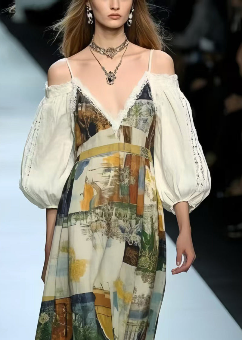 French Cold Shoulder Print Cotton Vacation Dress Lantern Sleeve