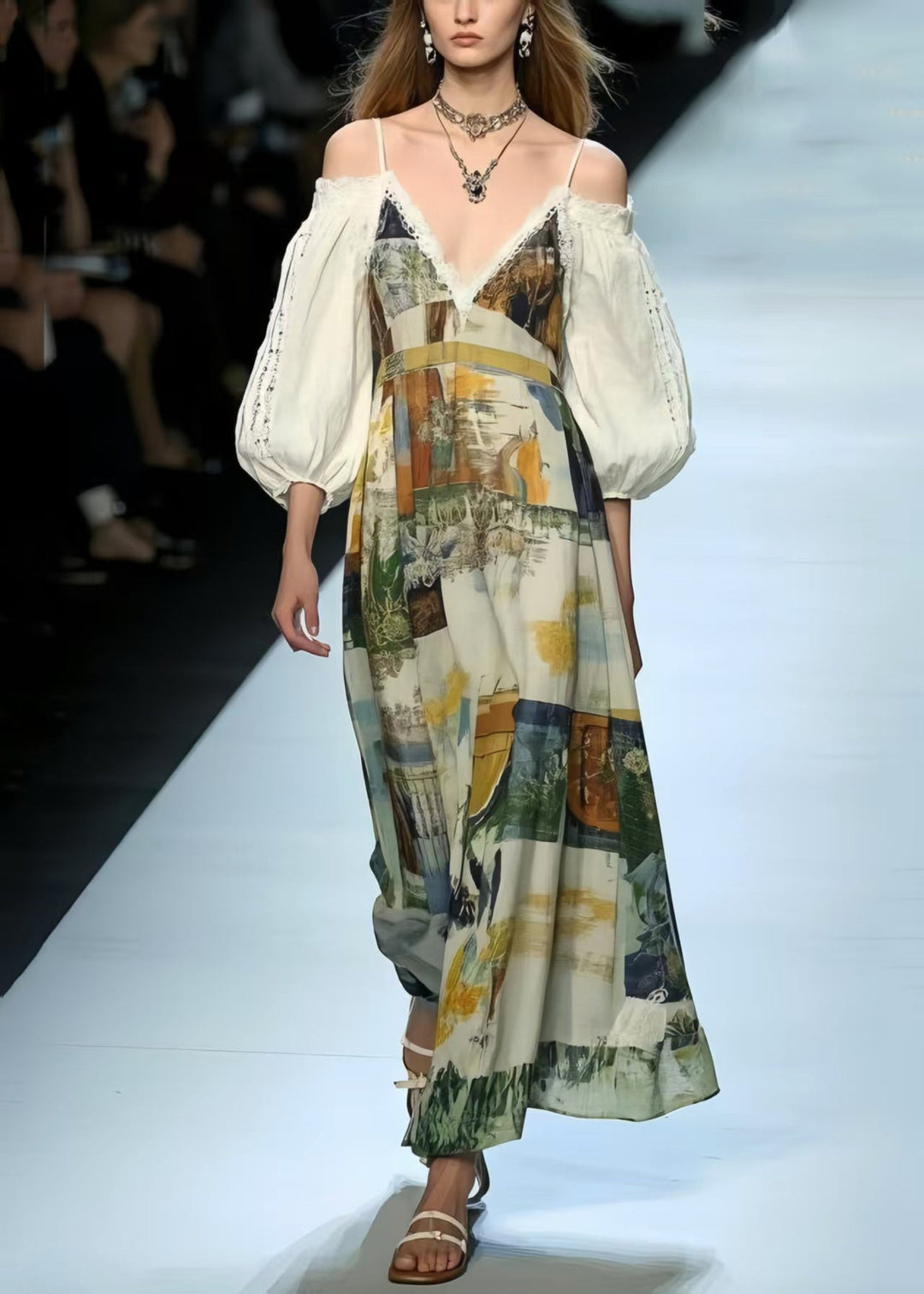 French Cold Shoulder Print Cotton Vacation Dress Lantern Sleeve