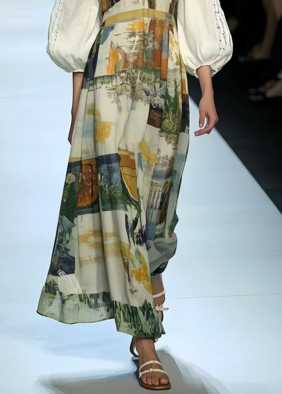 French Cold Shoulder Print Cotton Vacation Dress Lantern Sleeve