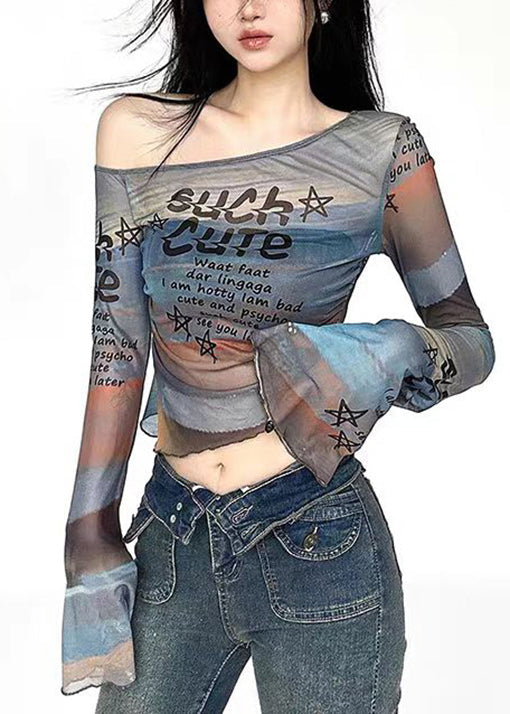 French Cold Shoulder Print Tulle T Shirt Top Flare Sleeve