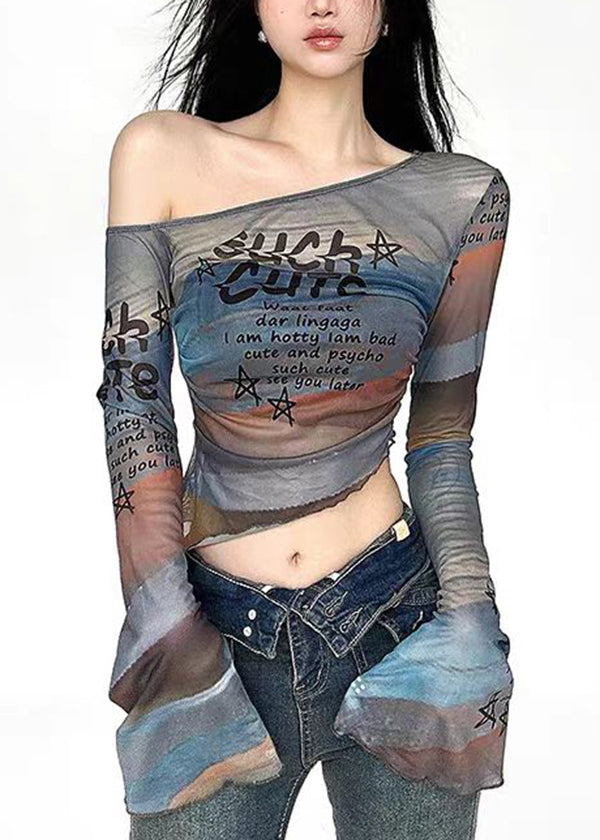 French Cold Shoulder Print Tulle T Shirt Top Flare Sleeve