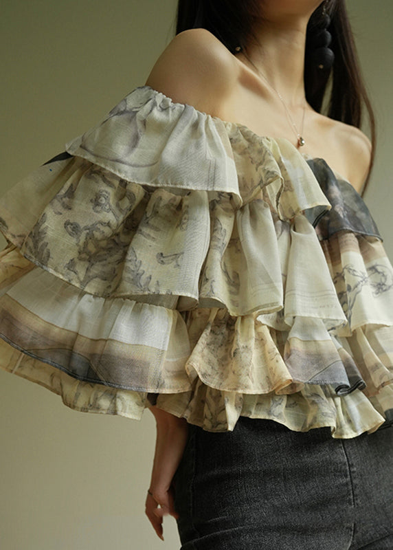 French Cold Shoulder Ruffled Print Chiffon Shirt Half Sleeve