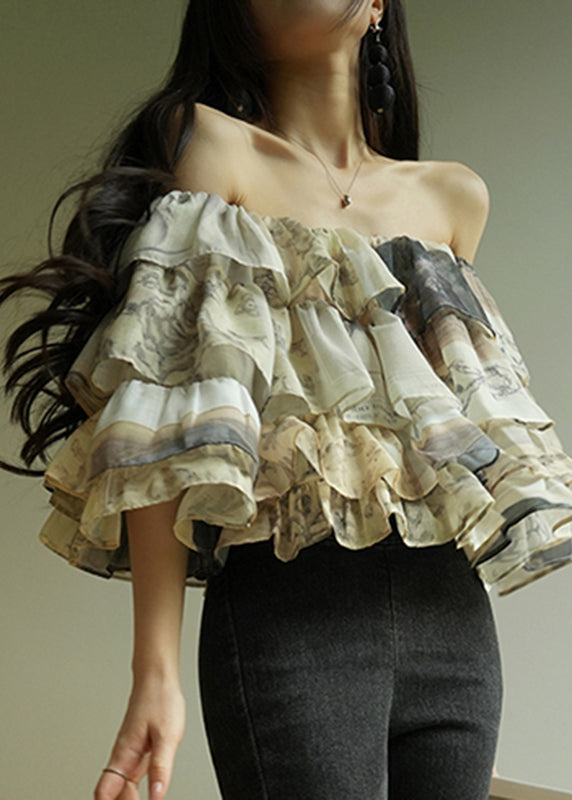 French Cold Shoulder Ruffled Print Chiffon Shirt Half Sleeve