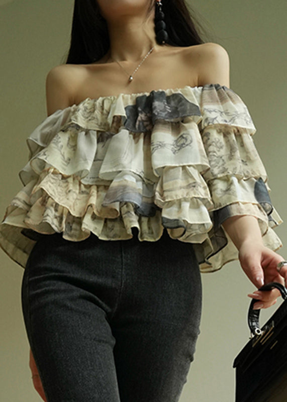 French Cold Shoulder Ruffled Print Chiffon Shirt Half Sleeve