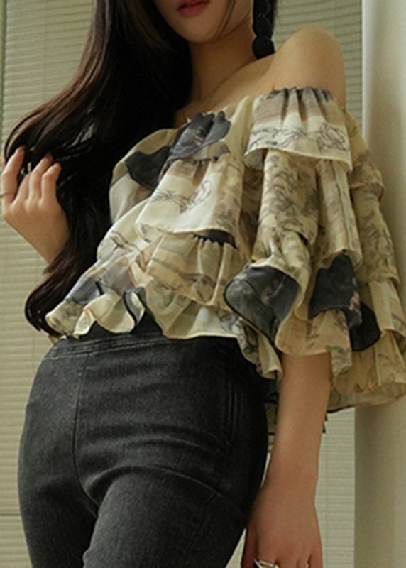 French Cold Shoulder Ruffled Print Chiffon Shirt Half Sleeve
