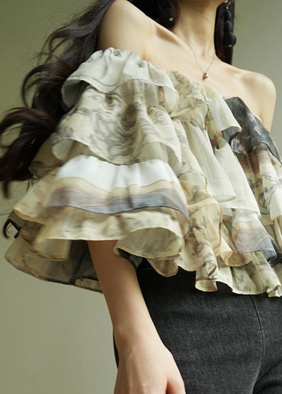 French Cold Shoulder Ruffled Print Chiffon Shirt Half Sleeve
