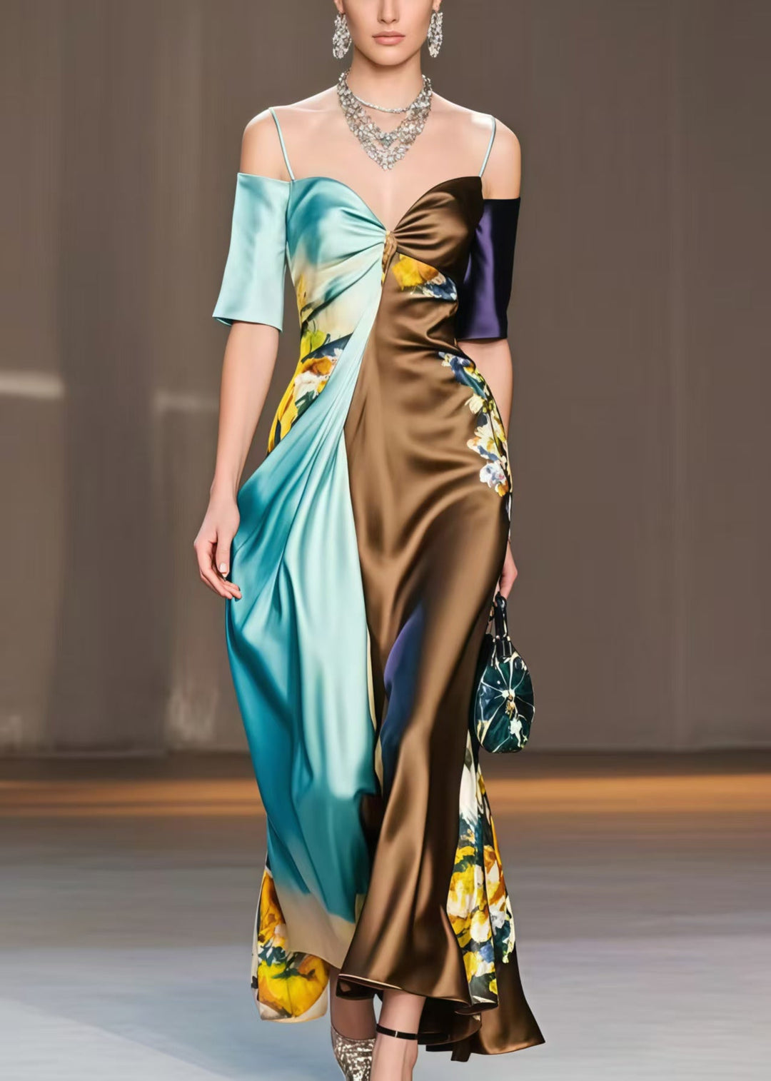 French Colorblock Asymmetrical Design Cold Shoulder Vestidos Dresses Summer