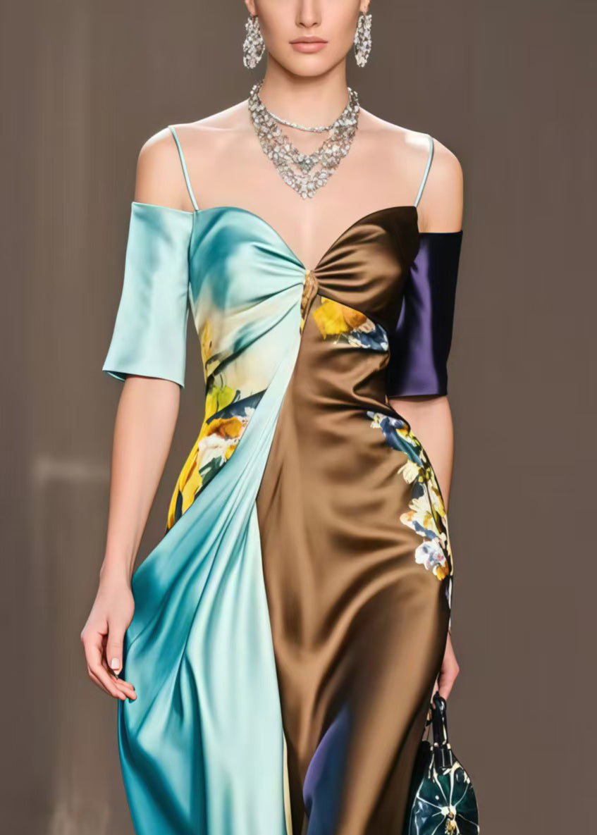 French Colorblock Asymmetrical Design Cold Shoulder Vestidos Dresses Summer