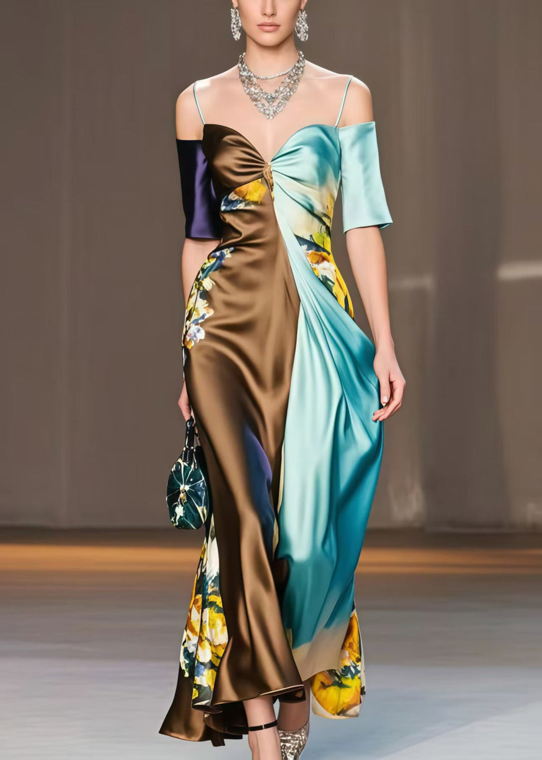 French Colorblock Asymmetrical Design Cold Shoulder Vestidos Dresses Summer