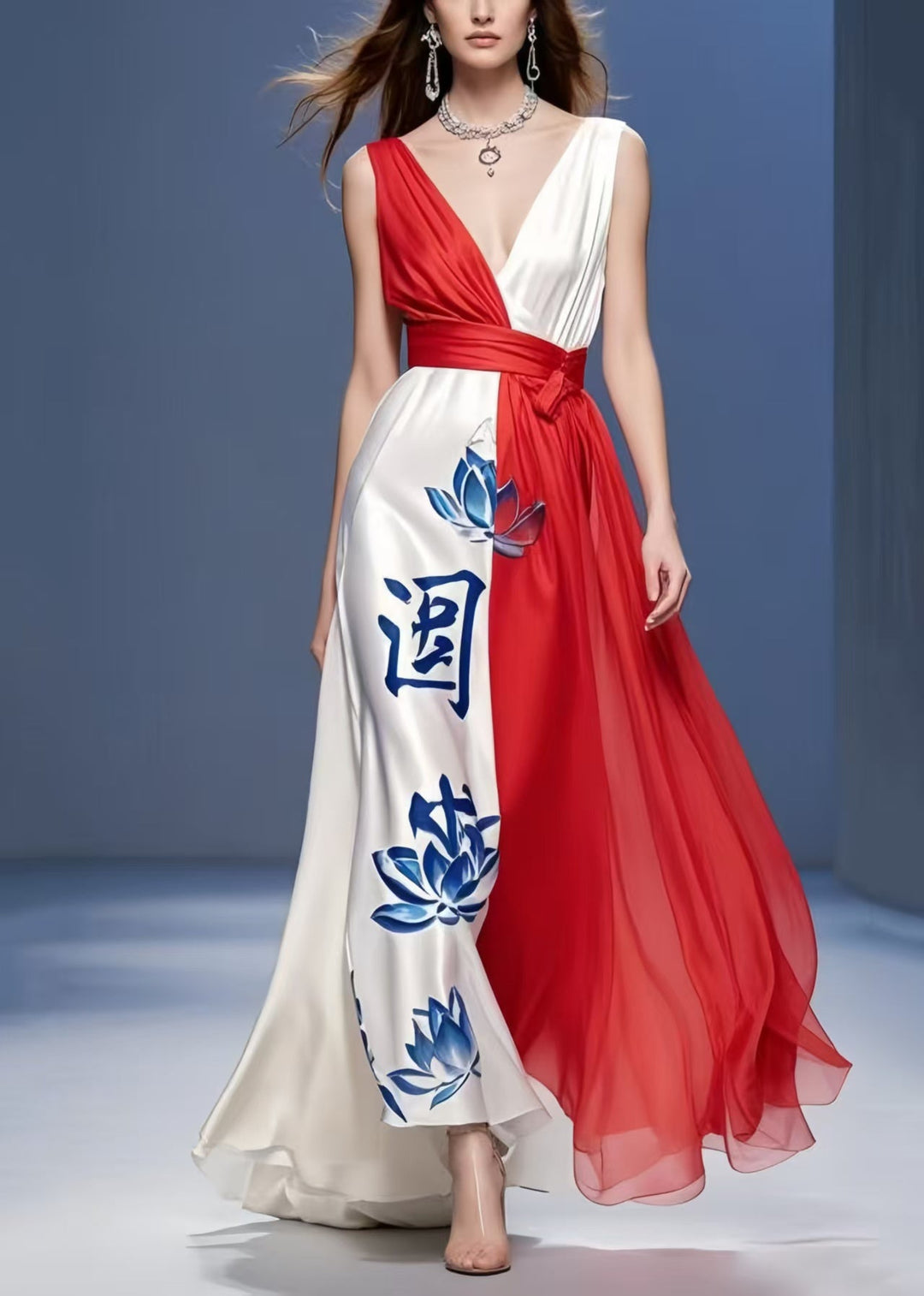 French Colorblock Asymmetrical Patchwork Silk Long Dress Summer