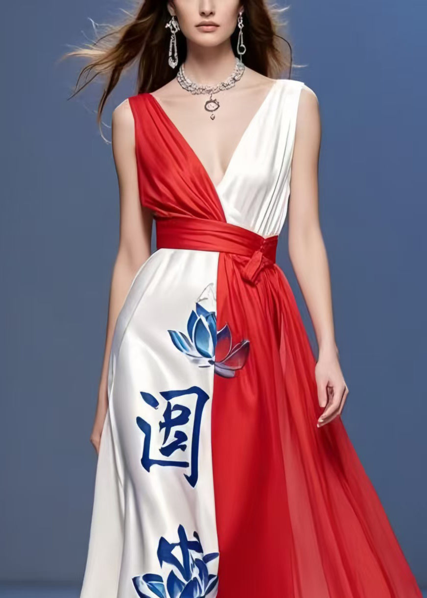 French Colorblock Asymmetrical Patchwork Silk Long Dress Summer