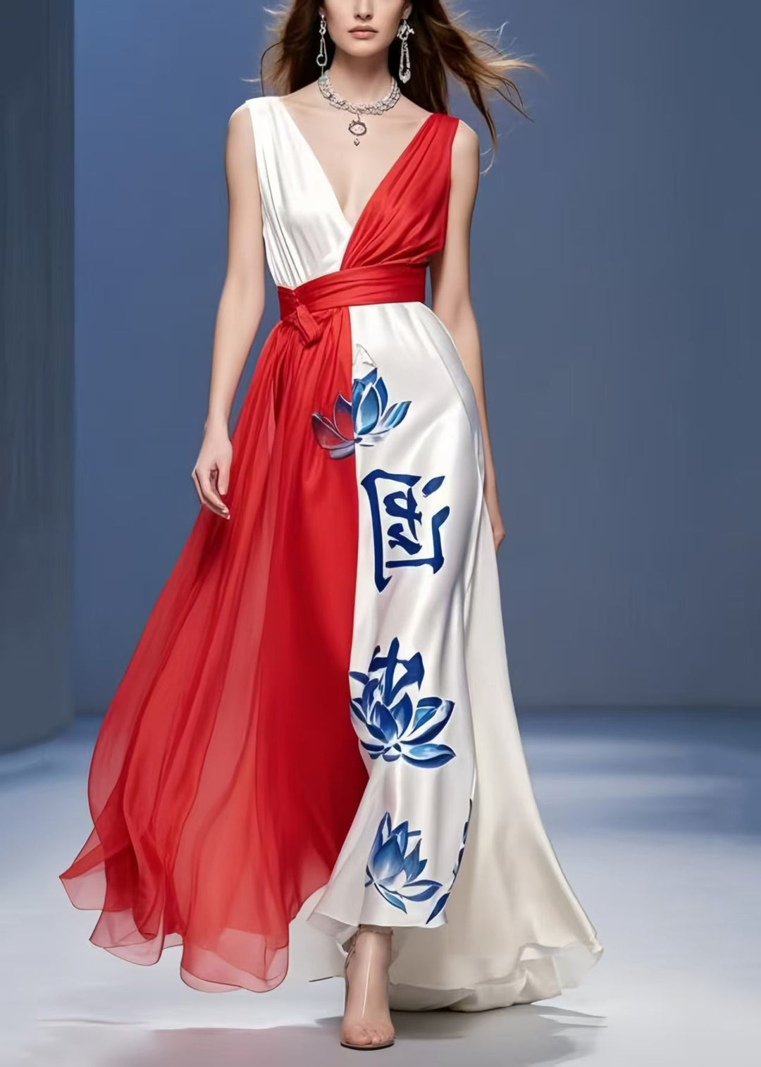 French Colorblock Asymmetrical Patchwork Silk Long Dress Summer