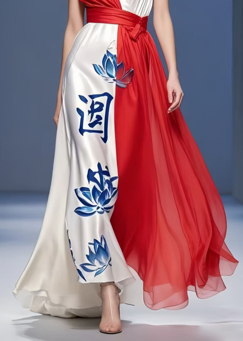 French Colorblock Asymmetrical Patchwork Silk Long Dress Summer