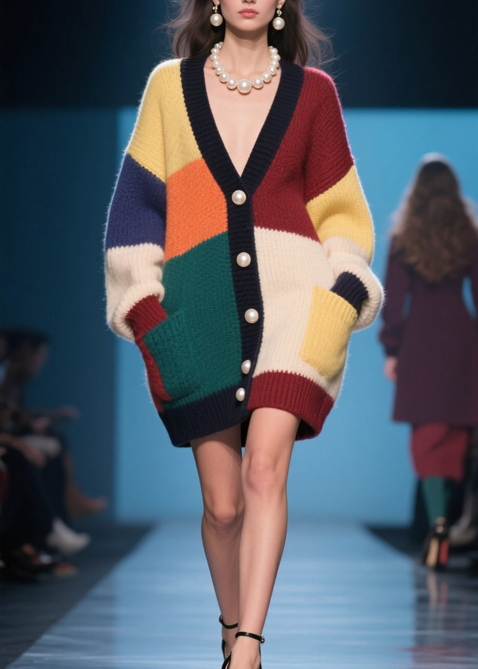 French Colorblock Button Pockets Patchwork Knit Cardigan Fall