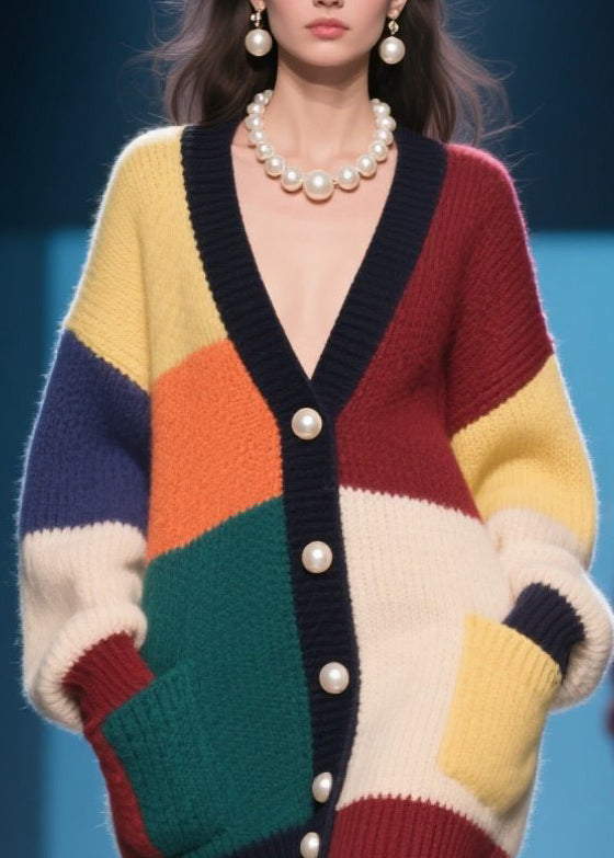 French Colorblock Button Pockets Patchwork Knit Cardigan Fall