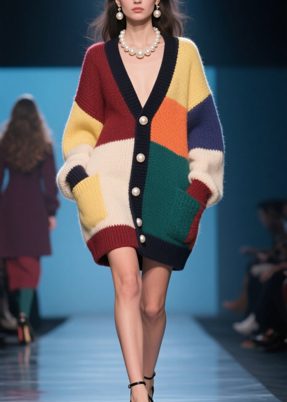 French Colorblock Button Pockets Patchwork Knit Cardigan Fall