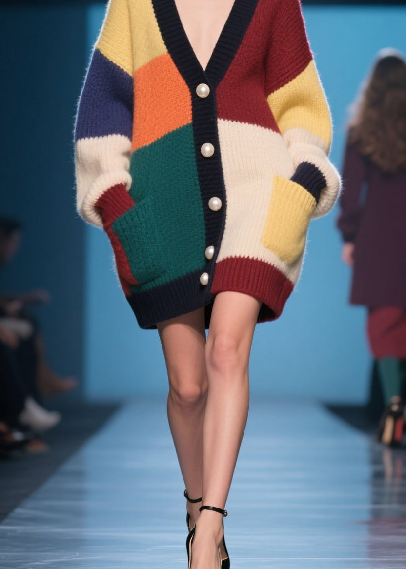 French Colorblock Button Pockets Patchwork Knit Cardigan Fall