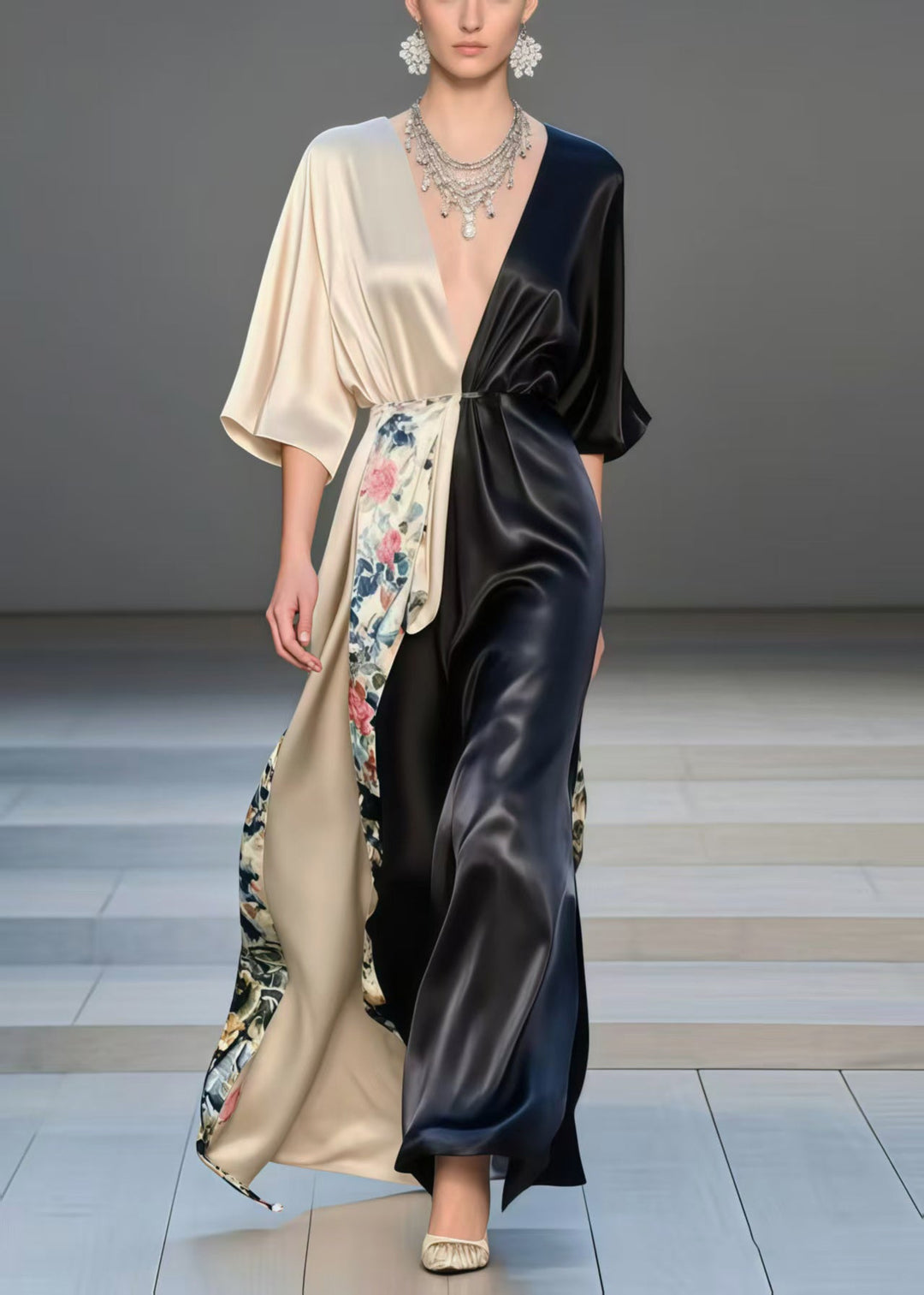 French Colorblock Cinched Patchwork Silk Party Dress Bracelet Sleeve