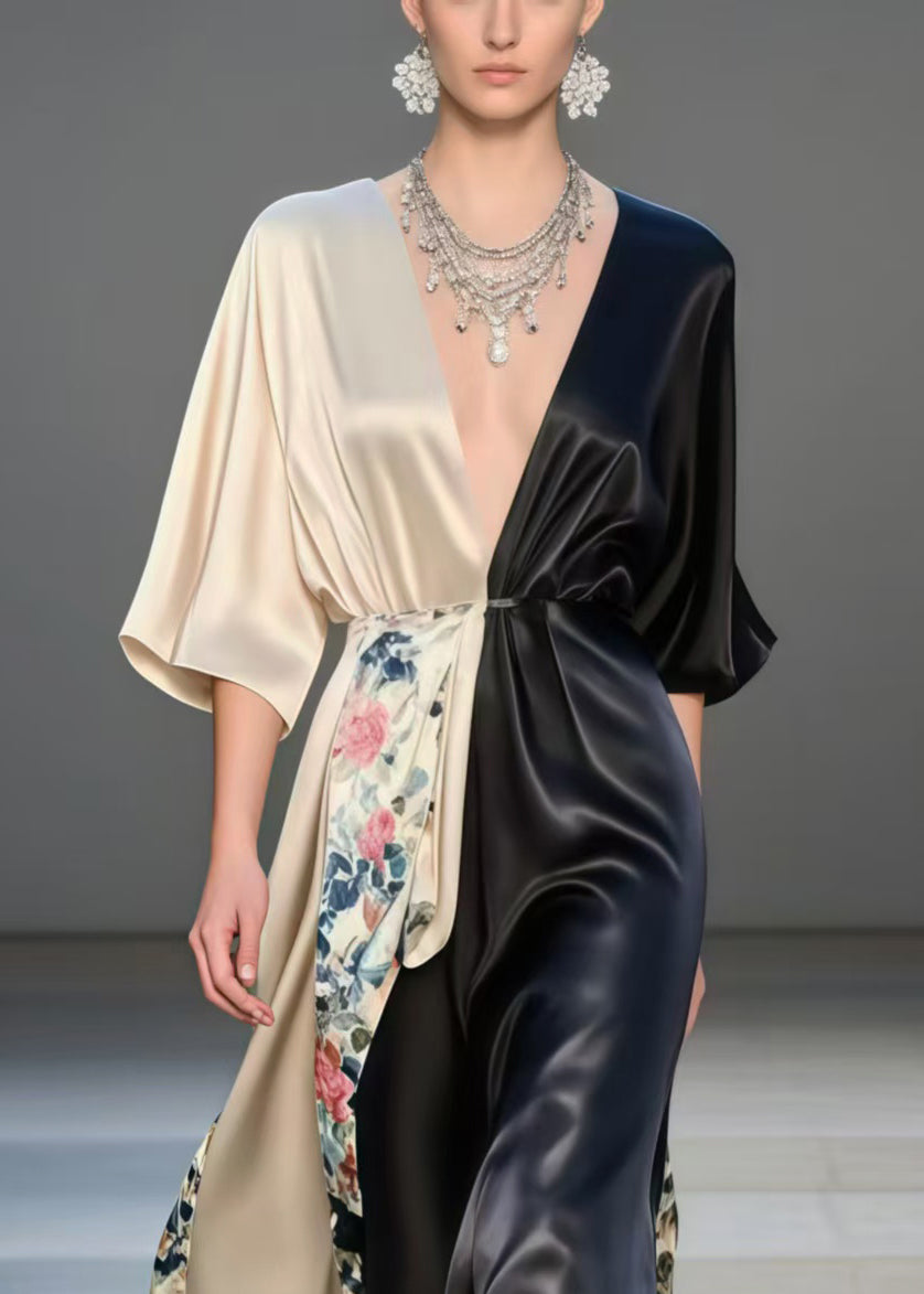 French Colorblock Cinched Patchwork Silk Party Dress Bracelet Sleeve