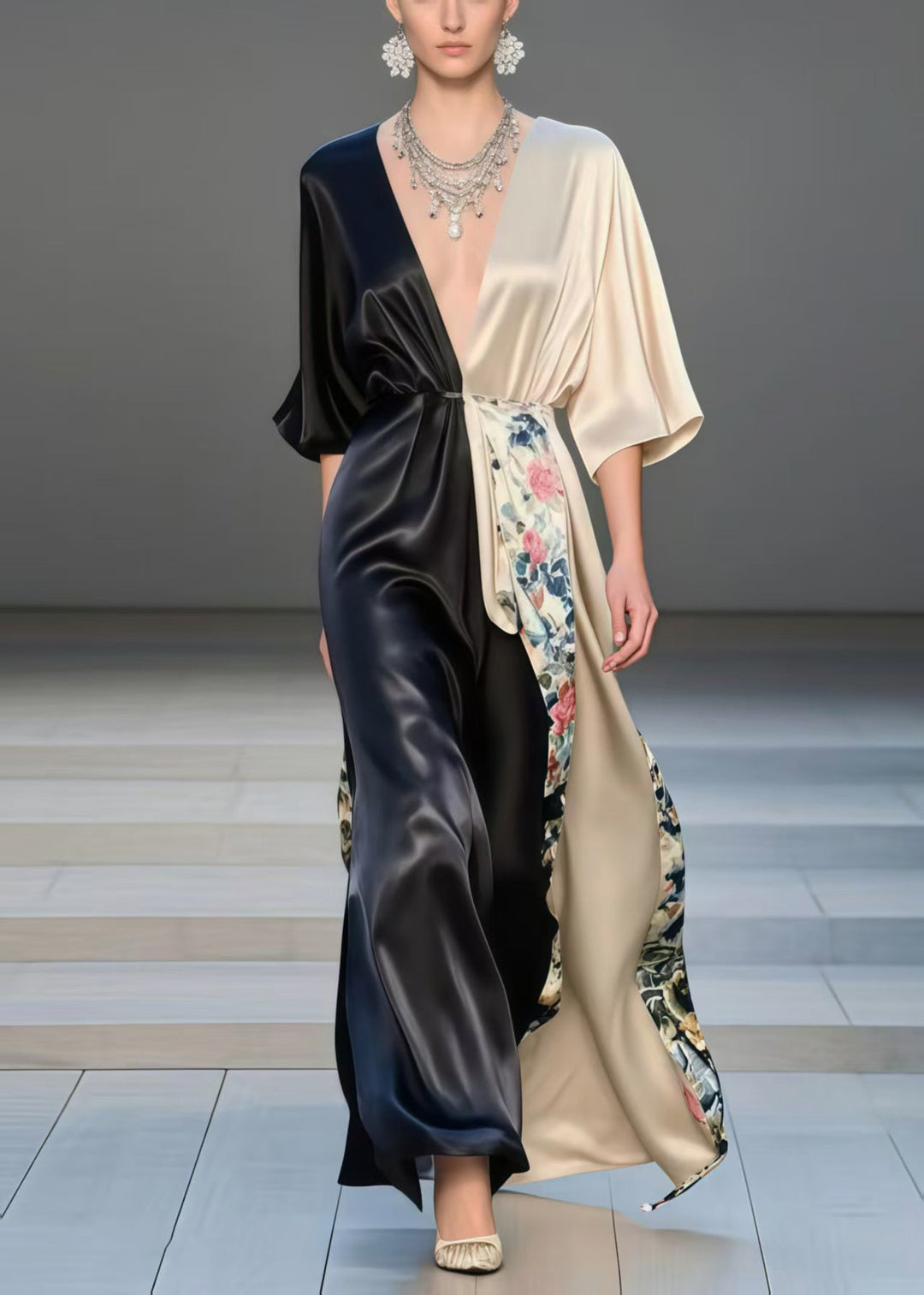 French Colorblock Cinched Patchwork Silk Party Dress Bracelet Sleeve