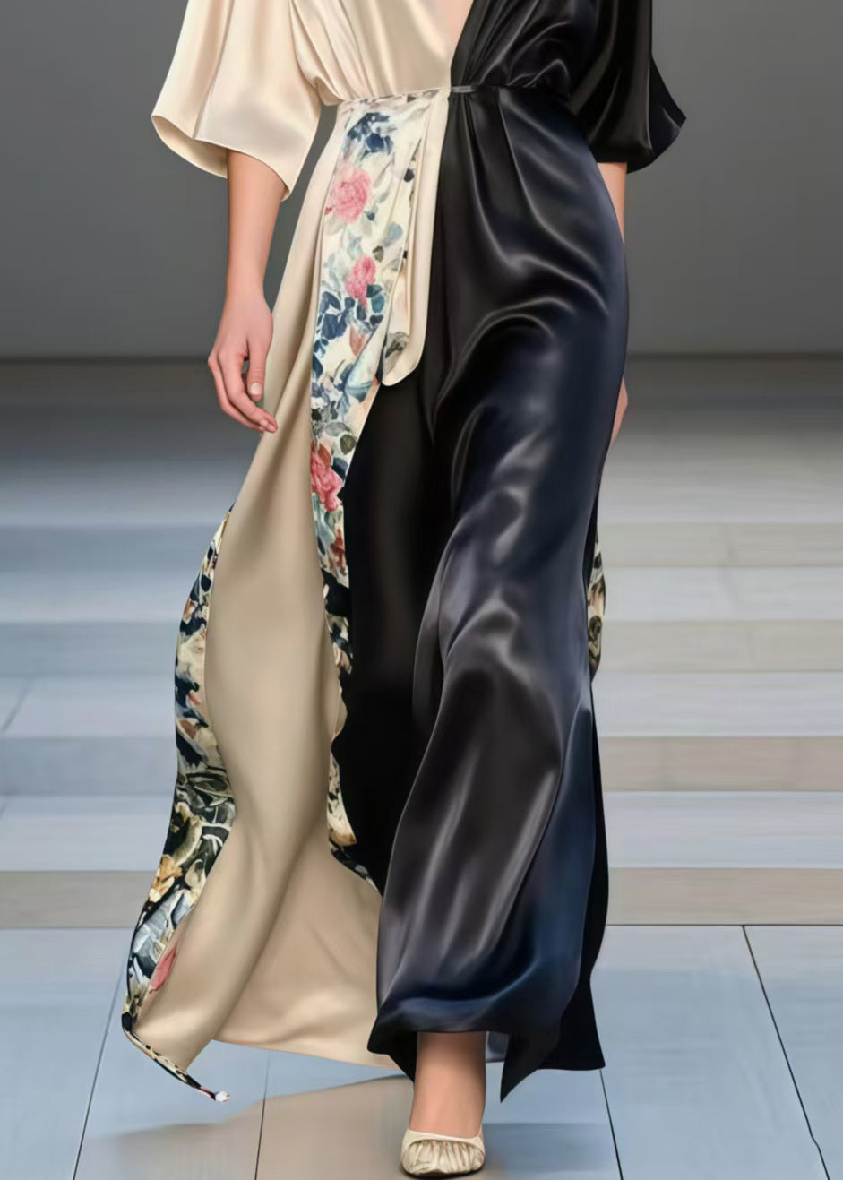 French Colorblock Cinched Patchwork Silk Party Dress Bracelet Sleeve