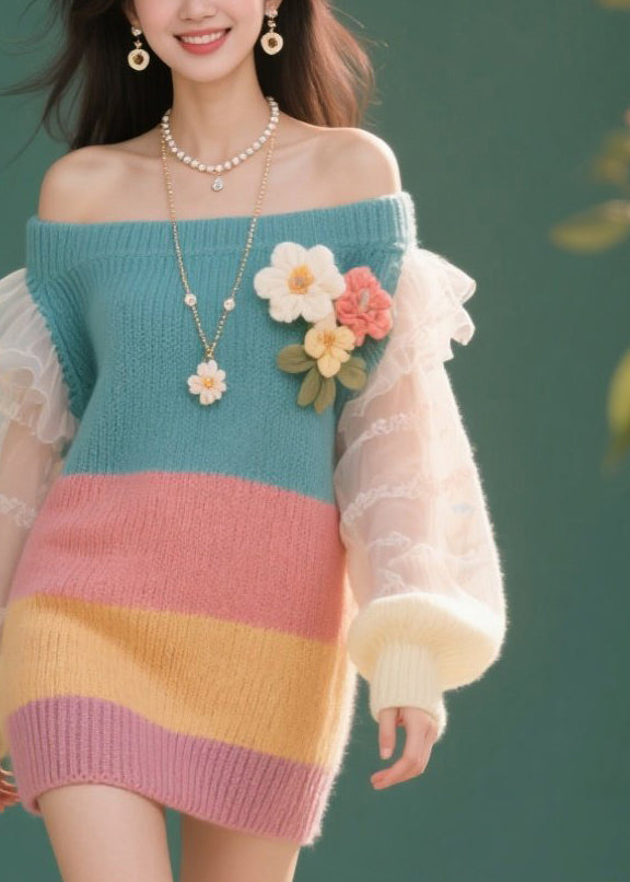 French Colorblock Cold Shoulder Tulle Floral Knit Dress Fall