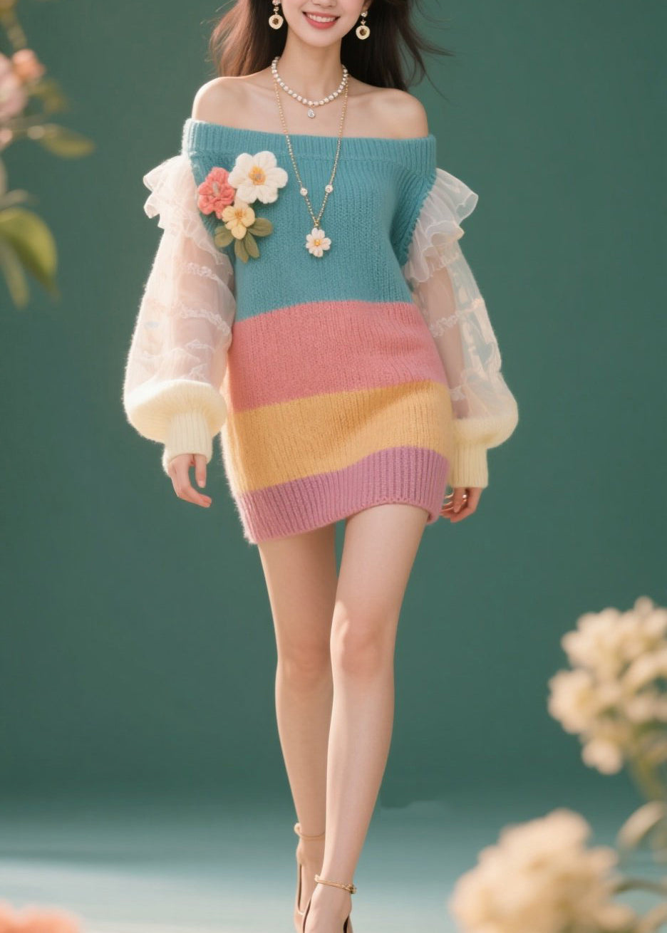 French Colorblock Cold Shoulder Tulle Floral Knit Dress Fall