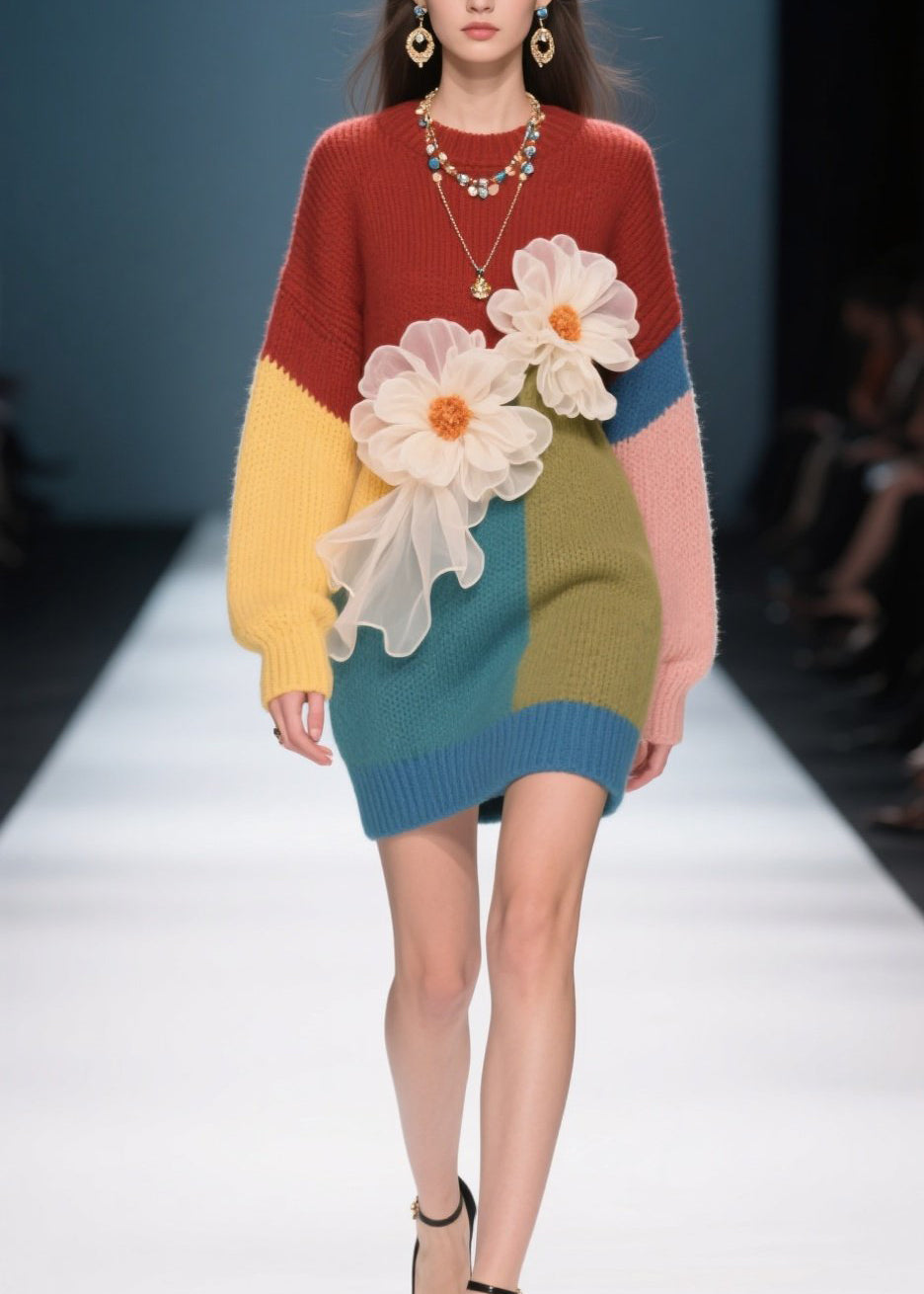 French Colorblock O Neck Floral Knit Sweater Dress Fall