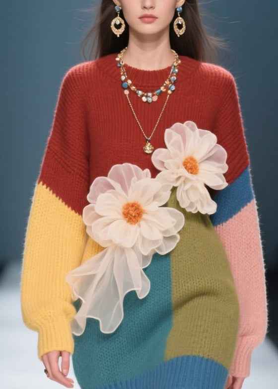 French Colorblock O Neck Floral Knit Sweater Dress Fall