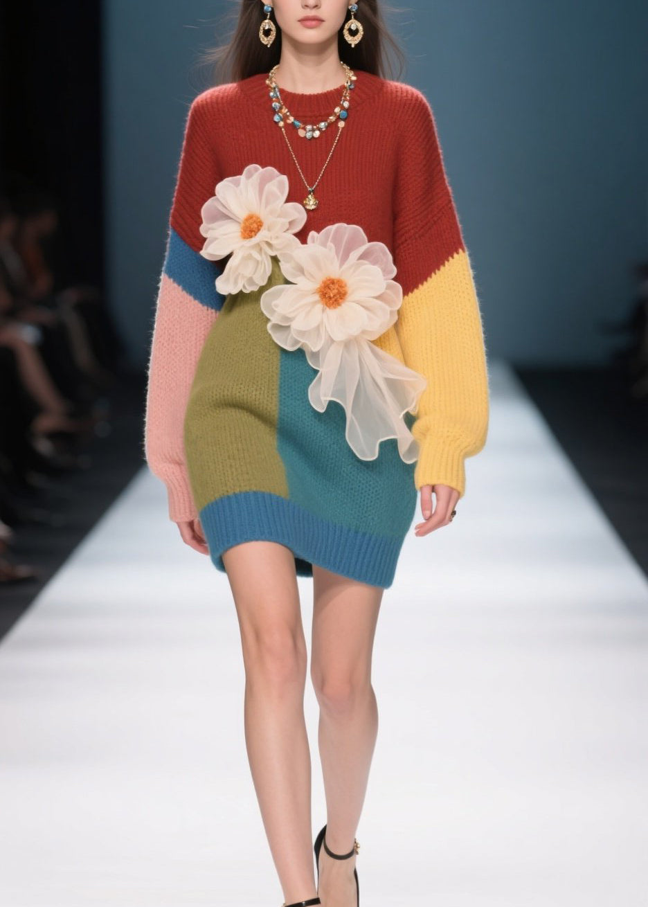 French Colorblock O Neck Floral Knit Sweater Dress Fall