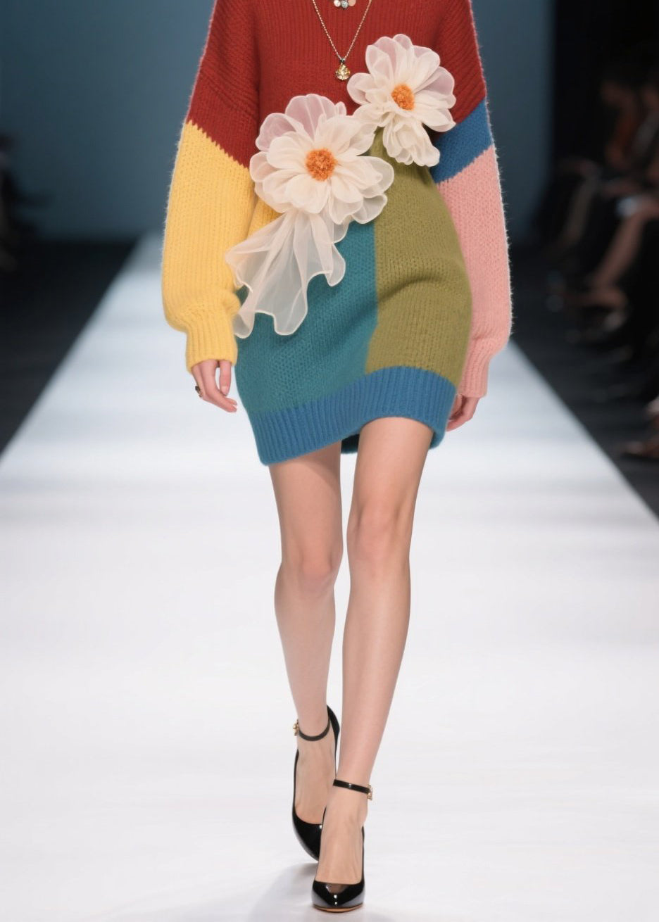 French Colorblock O Neck Floral Knit Sweater Dress Fall