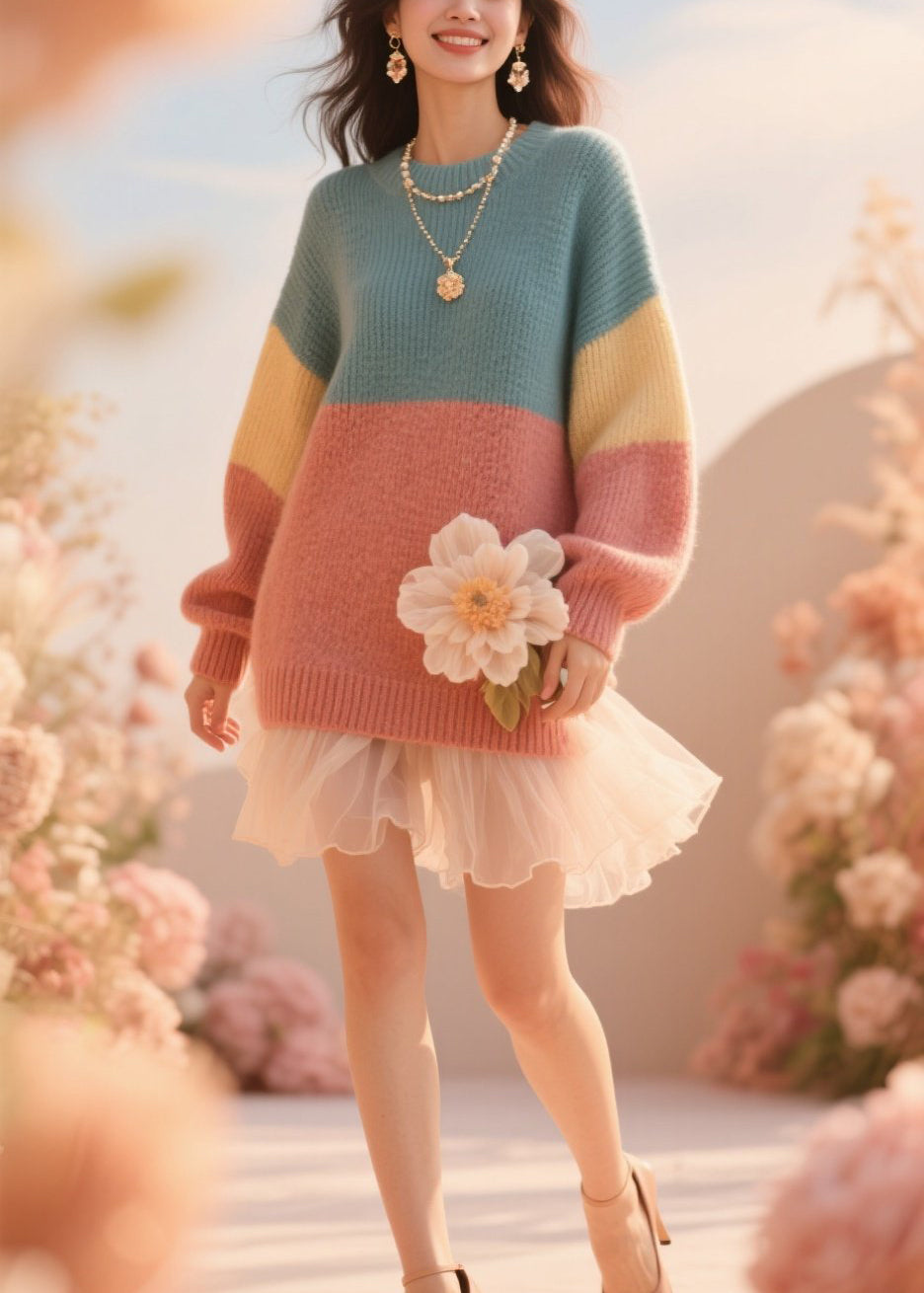 French Colorblock O Neck Floral Knit Sweater Fall