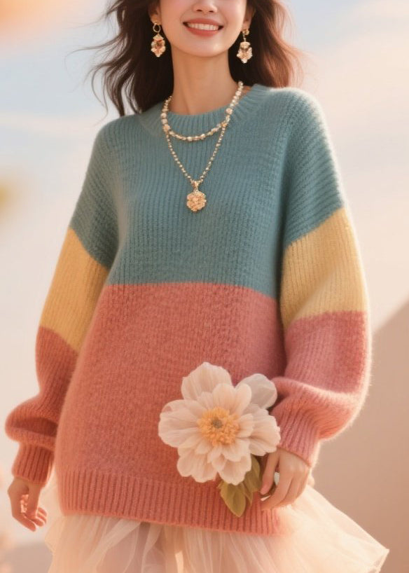 French Colorblock O Neck Floral Knit Sweater Fall
