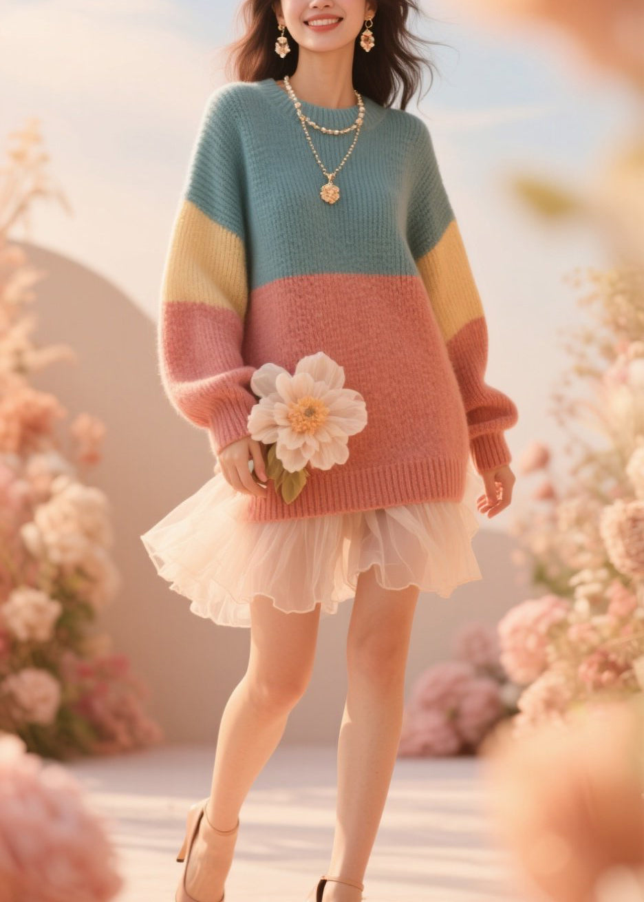 French Colorblock O Neck Floral Knit Sweater Fall