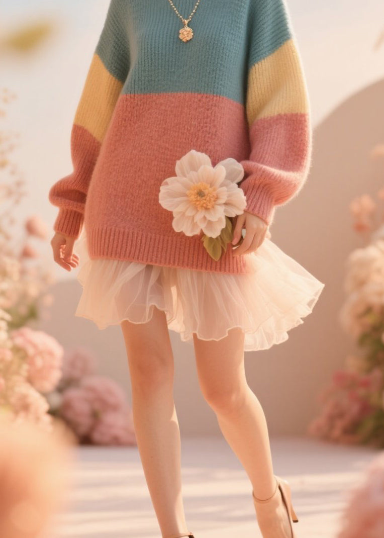 French Colorblock O Neck Floral Knit Sweater Fall