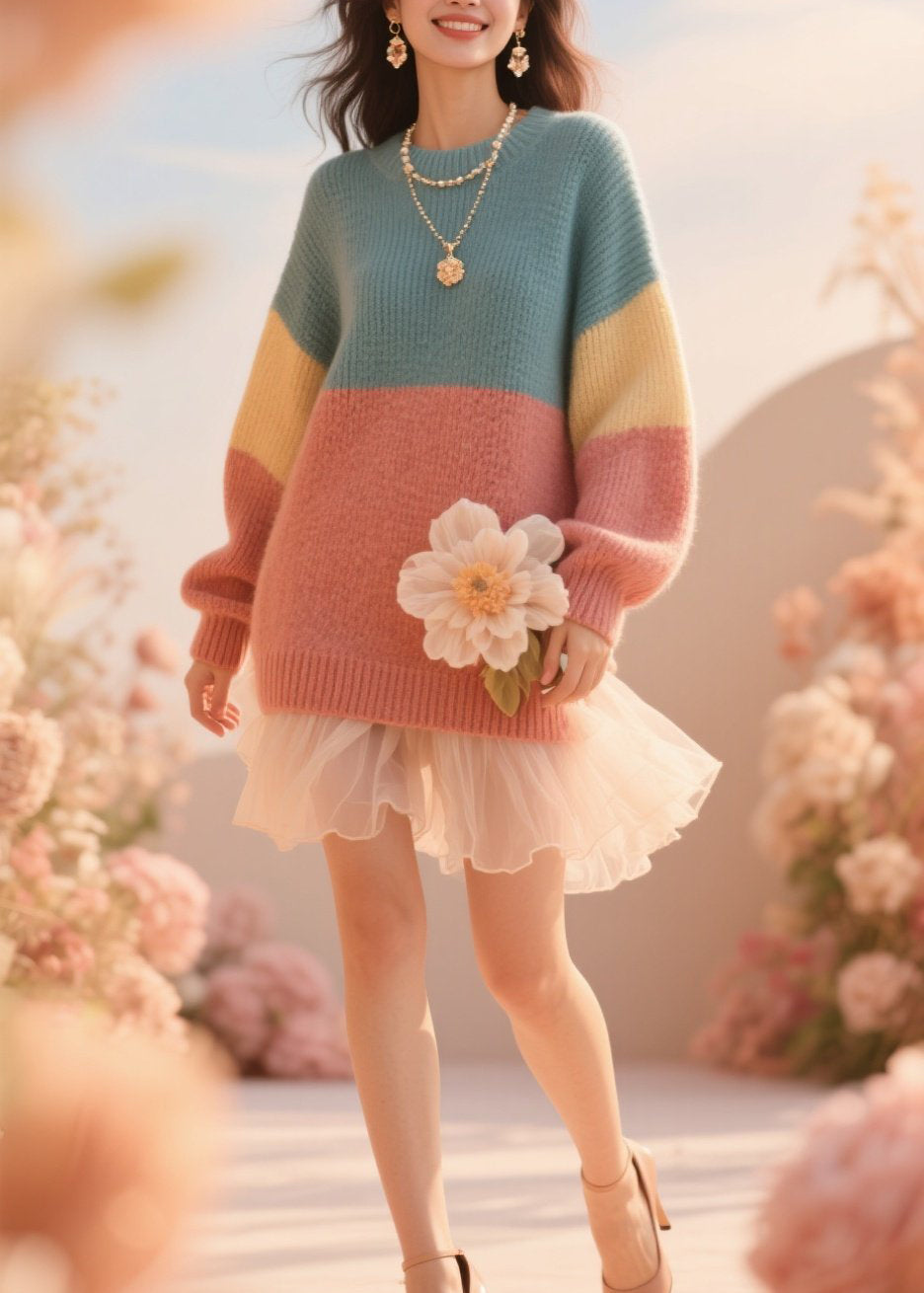 French Colorblock O Neck Floral Knit Sweater Fall