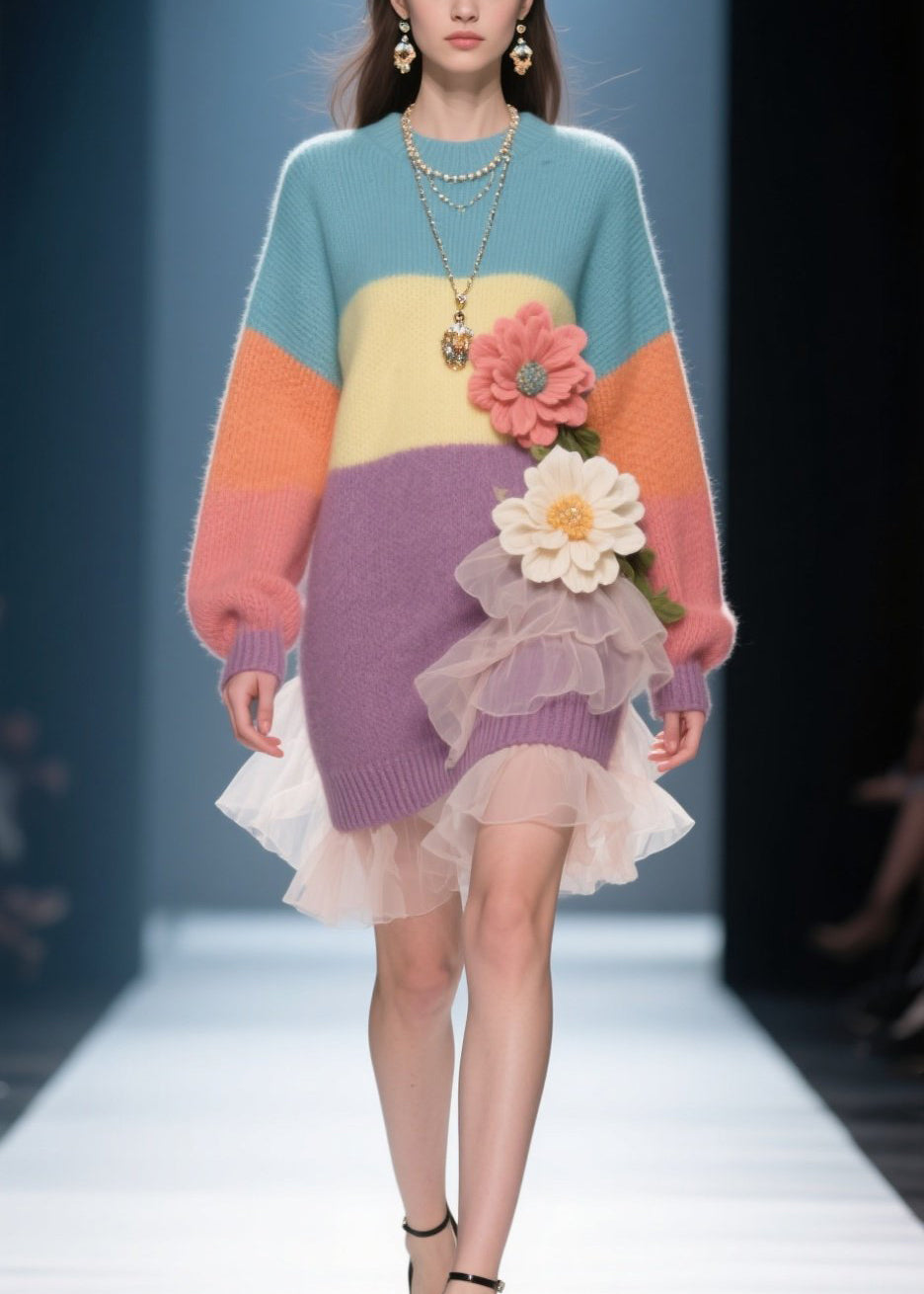 French Colorblock O Neck Floral Tulle Knit Sweater Dress Winter