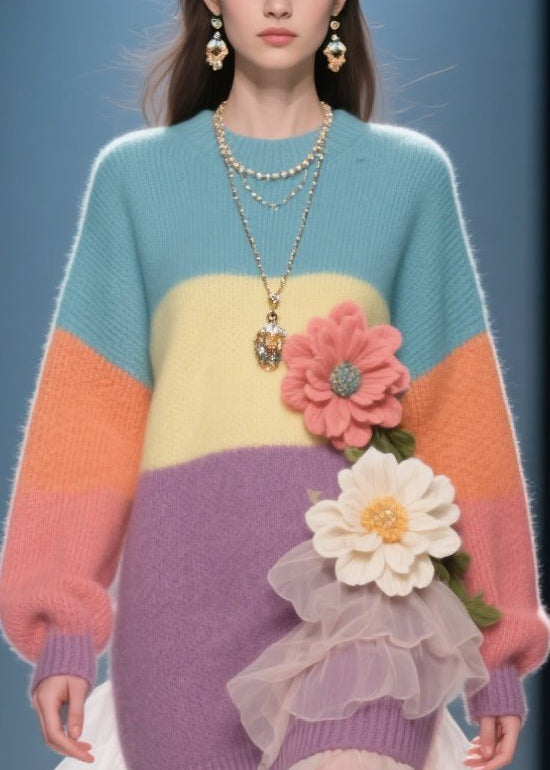 French Colorblock O Neck Floral Tulle Knit Sweater Dress Winter