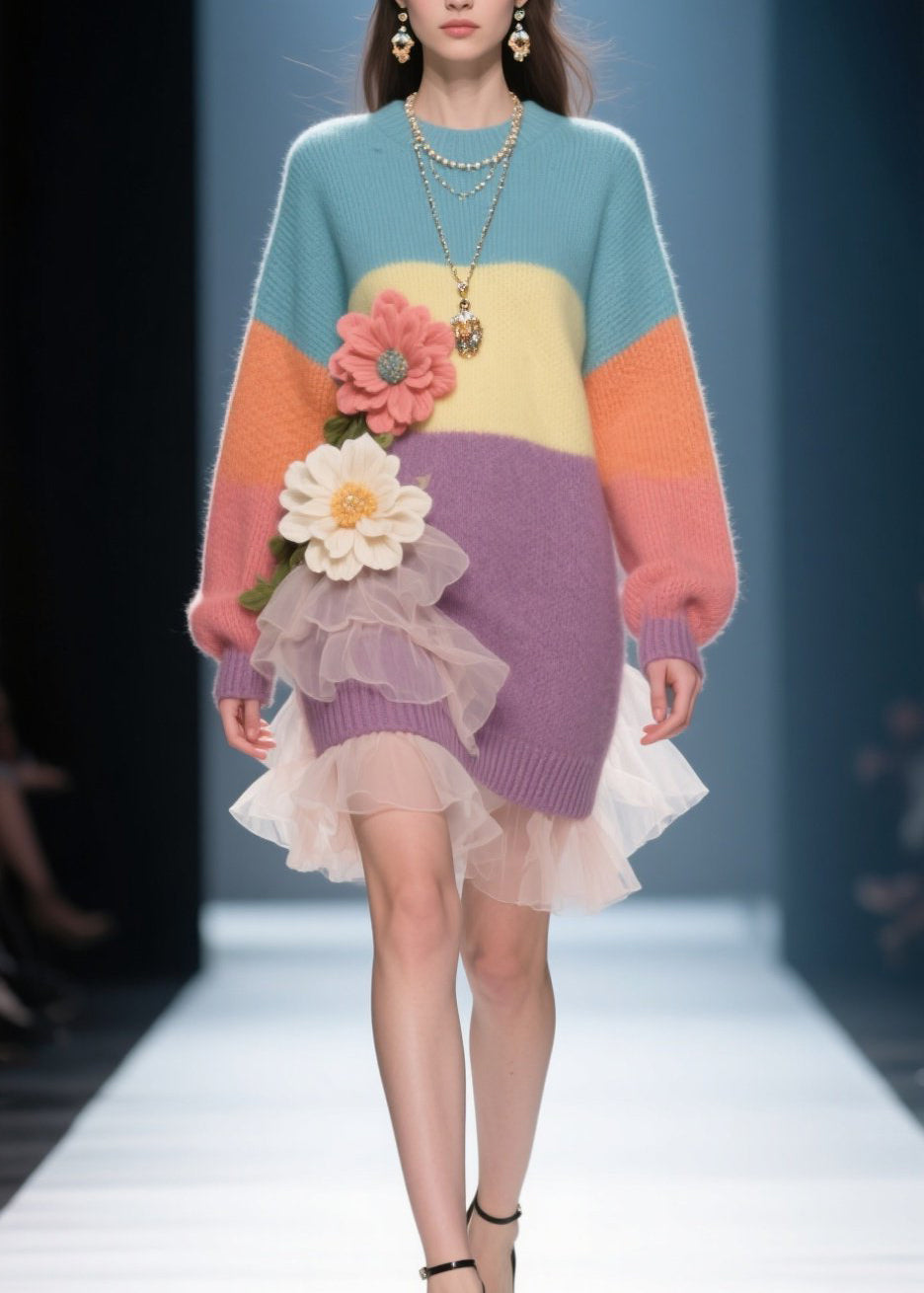 French Colorblock O Neck Floral Tulle Knit Sweater Dress Winter