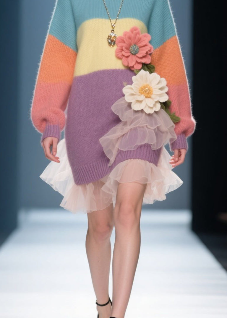 French Colorblock O Neck Floral Tulle Knit Sweater Dress Winter
