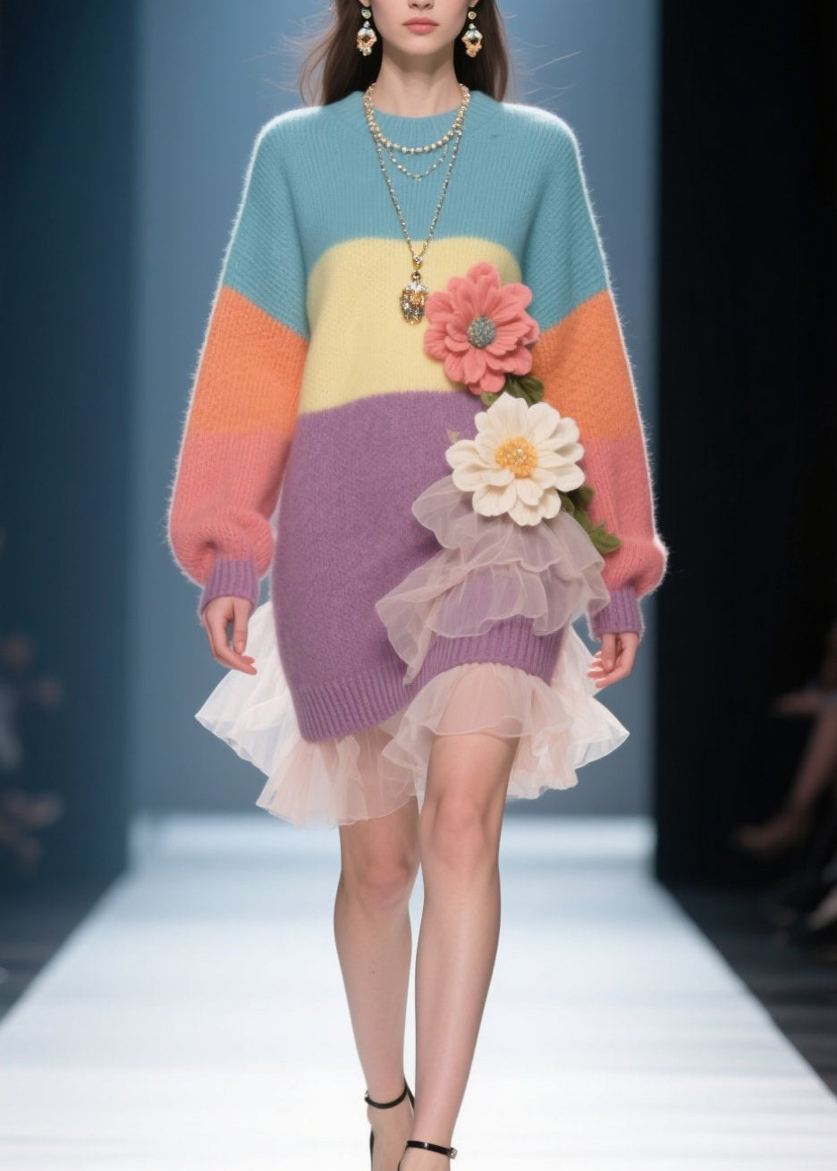 French Colorblock O Neck Floral Tulle Knit Sweater Dress Winter