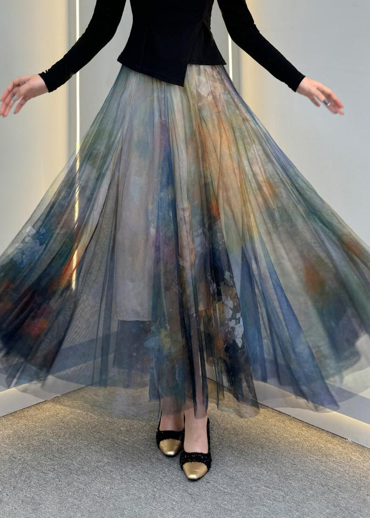 French Dark Grey Elastic Waist Tulle Maxi Skirt Summer