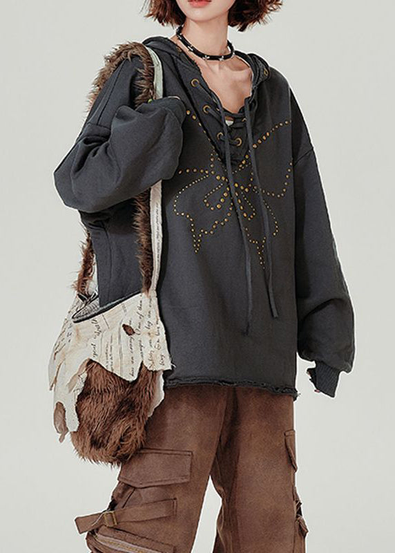 French Dark Grey Hooded Rivet Lace Up Cotton Pullover Sweatshirt Fall