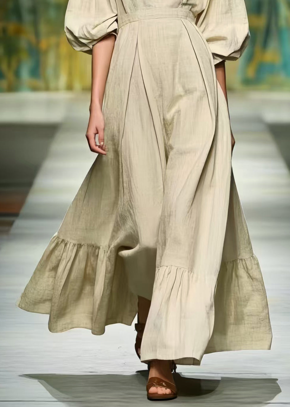 French Deep-V Neck Exra Large Hem Linen Long Dress Lantern Sleeve