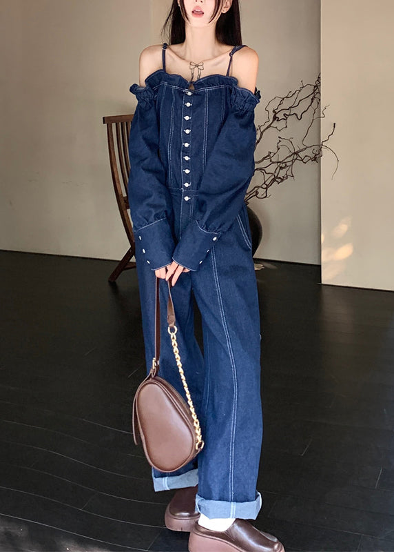 French Denim Blue Cold Shoulder Button Pockets Spaghetti Strap Jumpsuits Sleeveless