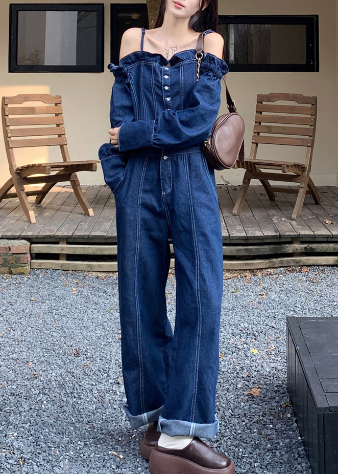 French Denim Blue Cold Shoulder Button Pockets Spaghetti Strap Jumpsuits Sleeveless
