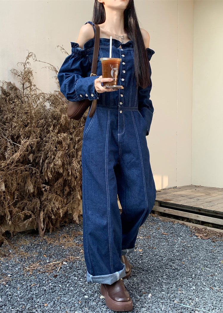 French Denim Blue Cold Shoulder Button Pockets Spaghetti Strap Jumpsuits Sleeveless
