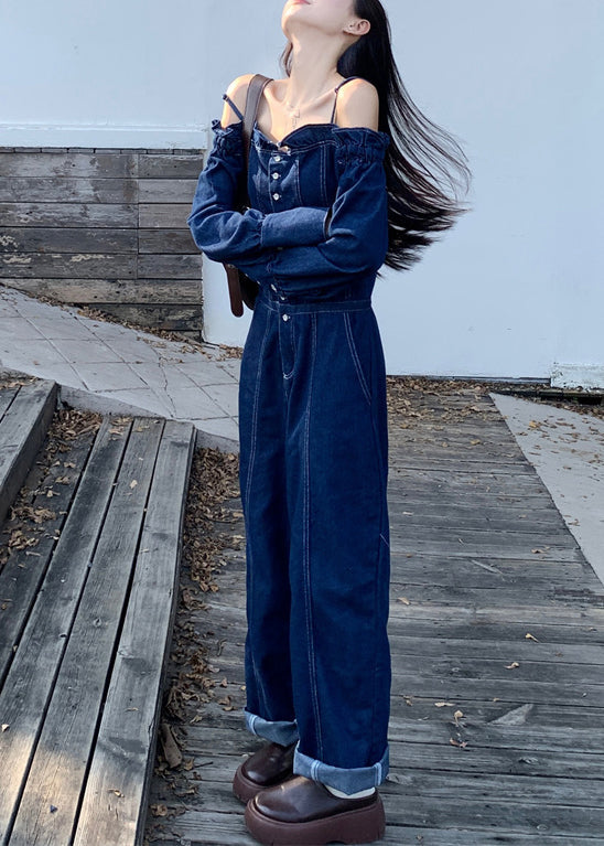 French Denim Blue Cold Shoulder Button Pockets Spaghetti Strap Jumpsuits Sleeveless