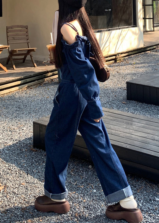 French Denim Blue Cold Shoulder Button Pockets Spaghetti Strap Jumpsuits Sleeveless