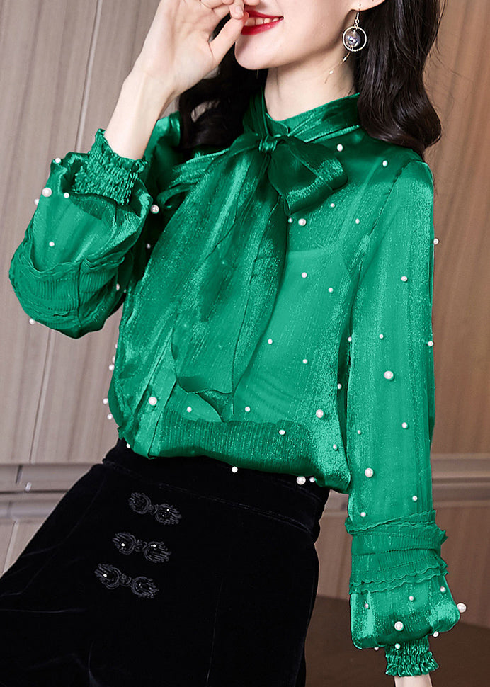 French Green Bow Nail Bead Chiffon Blouses Spring